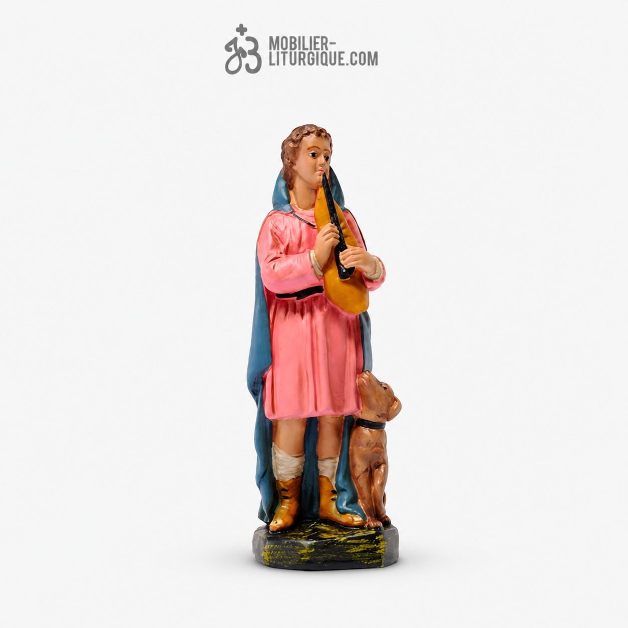 Personnage de cr&egrave;che : Berger jouant de la cornemuse, en pl&acirc;tre color&eacute;
