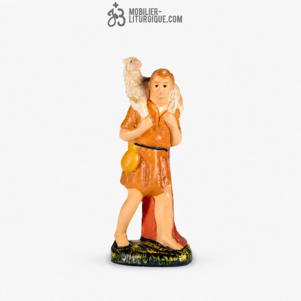 Personnage de cr�che : Berger portant un mouton, en pl�tre color�