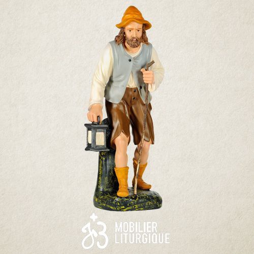 Personnage de cr�che : Berger portant une lanterne, en pl�tre color�