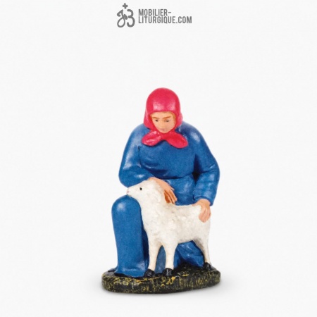 Personnage de cr&egrave;che : Berg&egrave;re au mouton, en pl&acirc;tre color&eacute;