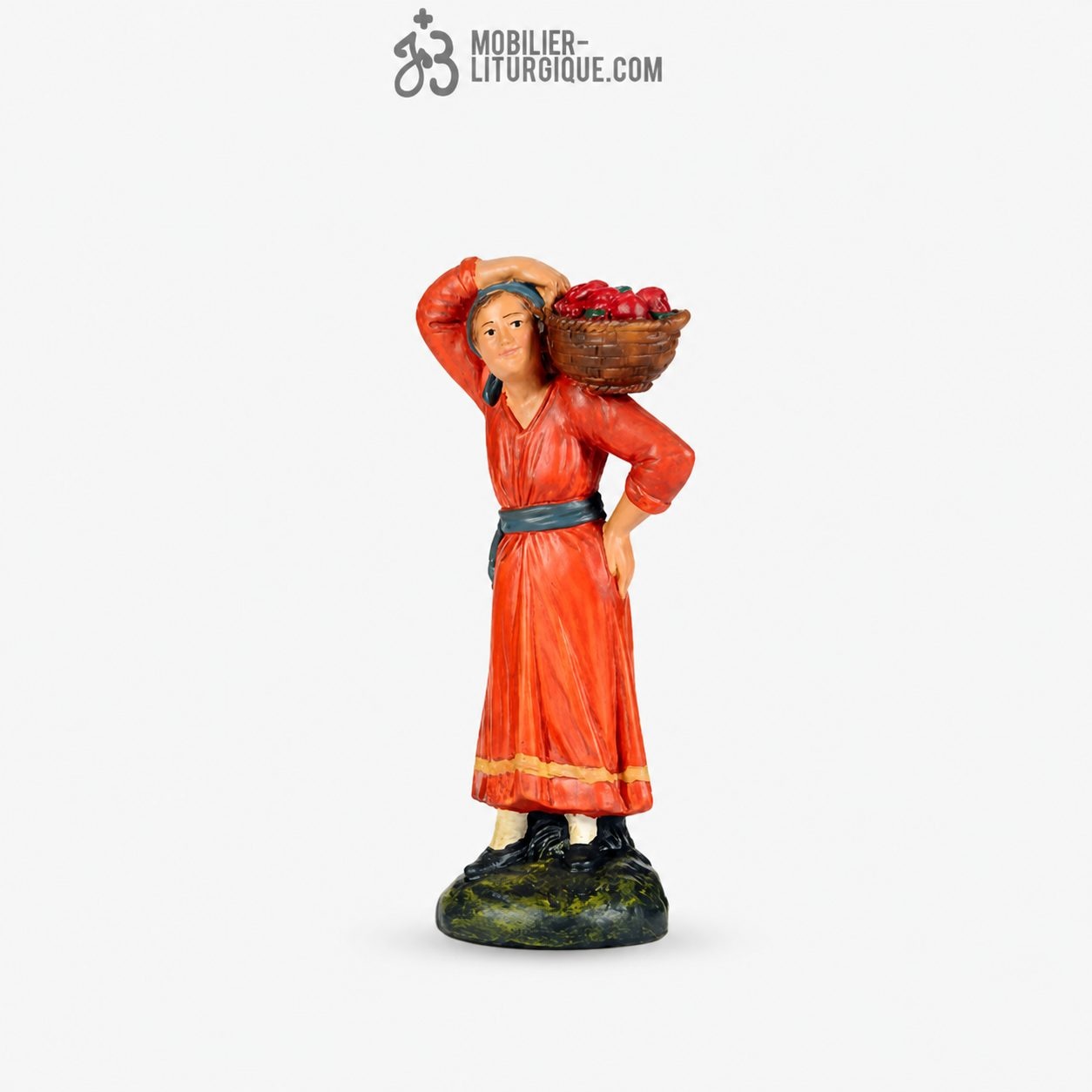 Personnage de cr&egrave;che : Berg&egrave;re au panier de fruits, en pl&acirc;tre color&eacute;