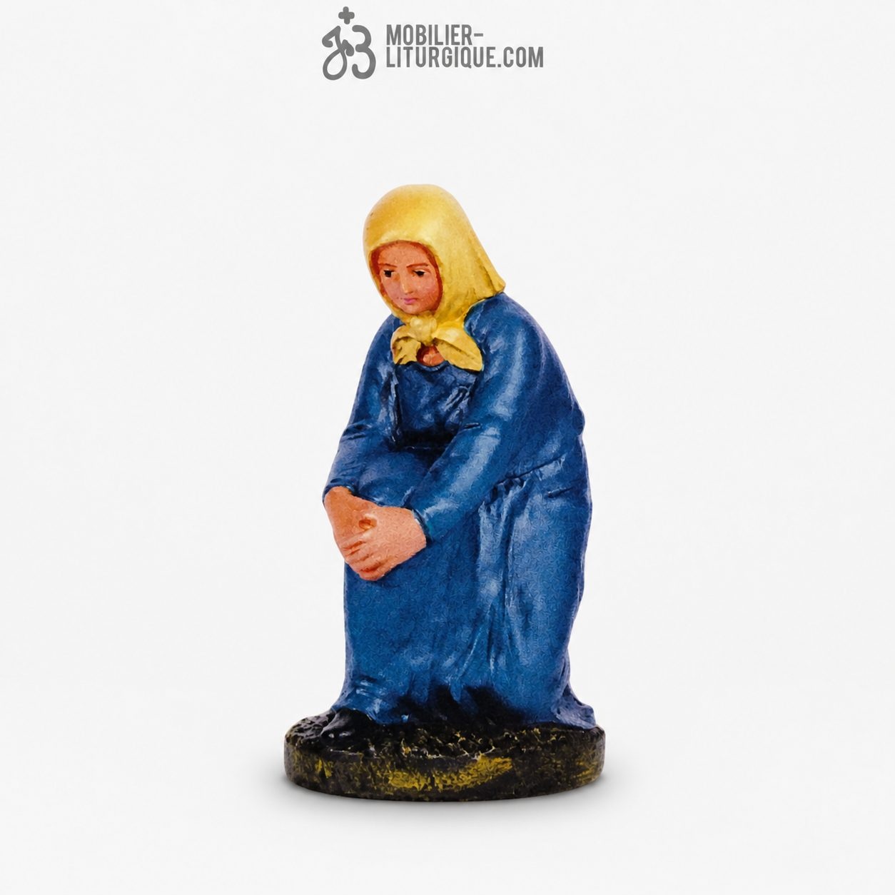 Personnage de cr&egrave;che : Berg&egrave;re pensive agenouill&eacute;e, en pl&acirc;tre color&eacute;
