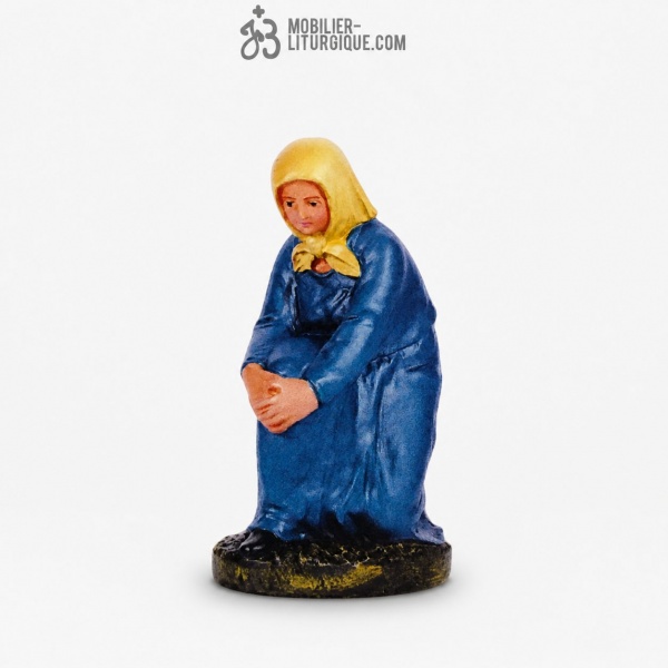 Personnage de cr�che : Berg�re pensive agenouill�e, en pl�tre color�