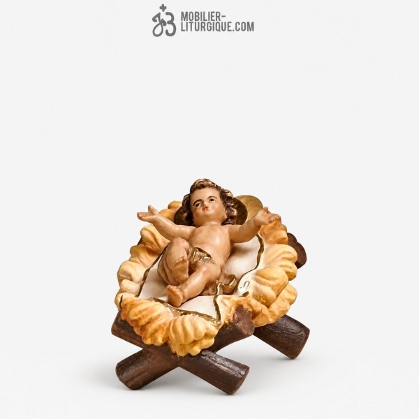 Personnage de cr�che : Enfant J�sus avec berceau en bois color�