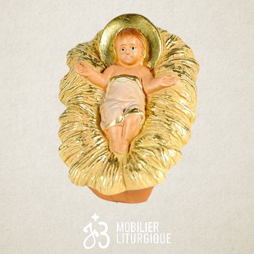 Personnage de cr�che : Enfant J�sus dans son berceau, en pl�tre color�
