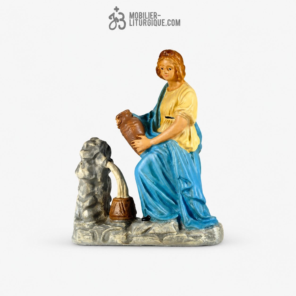 Personnage de cr&egrave;che : Femme &agrave; la fontaine, en pl&acirc;tre color&eacute;