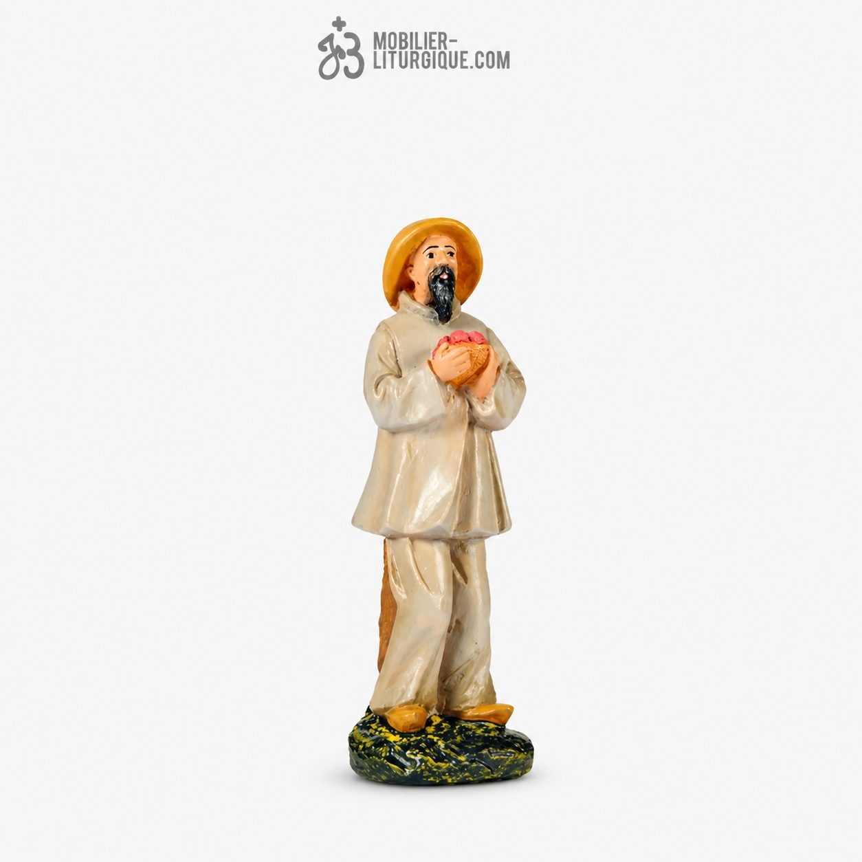 Personnage de cr&egrave;che : Paysan &agrave; la corbeille, en pl&acirc;tre color&eacute;
