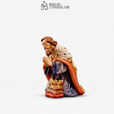 Personnage de cr&egrave;che : Roi Mage &agrave; genoux en bois d&eacute;cor&eacute;