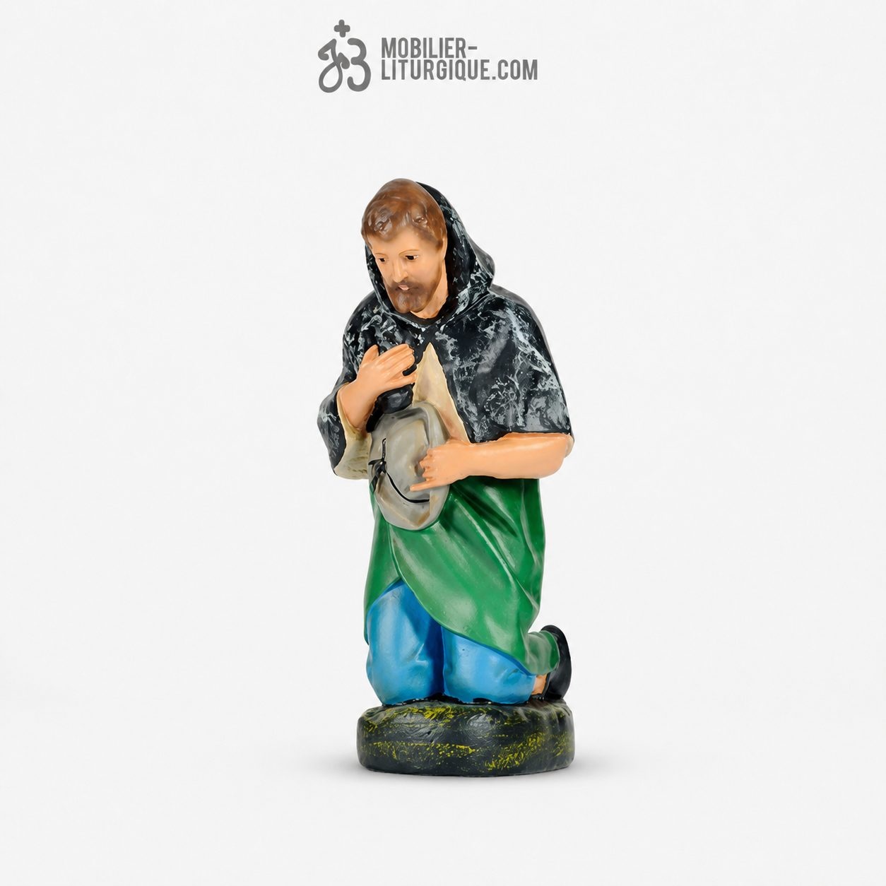 Personnage de cr&egrave;che: Berger &agrave; genoux, en pl&acirc;tre color&eacute;