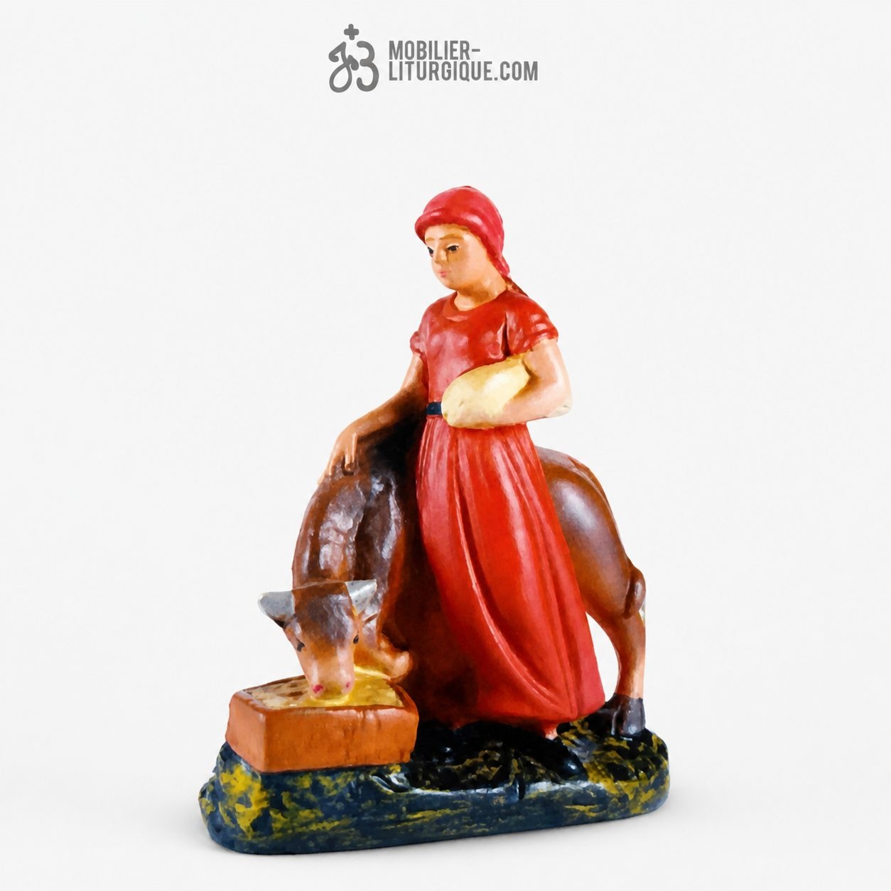 Personnage de la cr&egrave;che : Femme au veau, en pl&acirc;tre color&eacute;