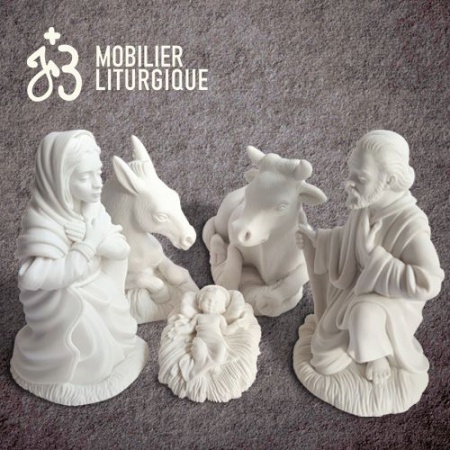 Personnages de crèche : Sainte Famille, âne et boeuf, en marbre blanc