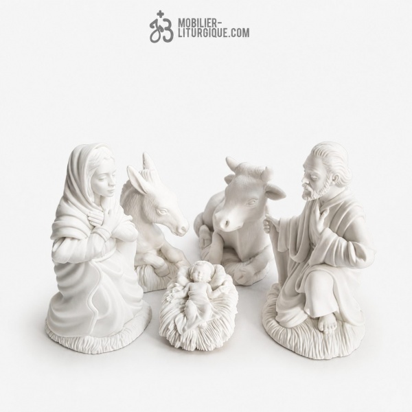 Personnages de cr�che : Sainte Famille, �ne et boeuf, en marbre blanc