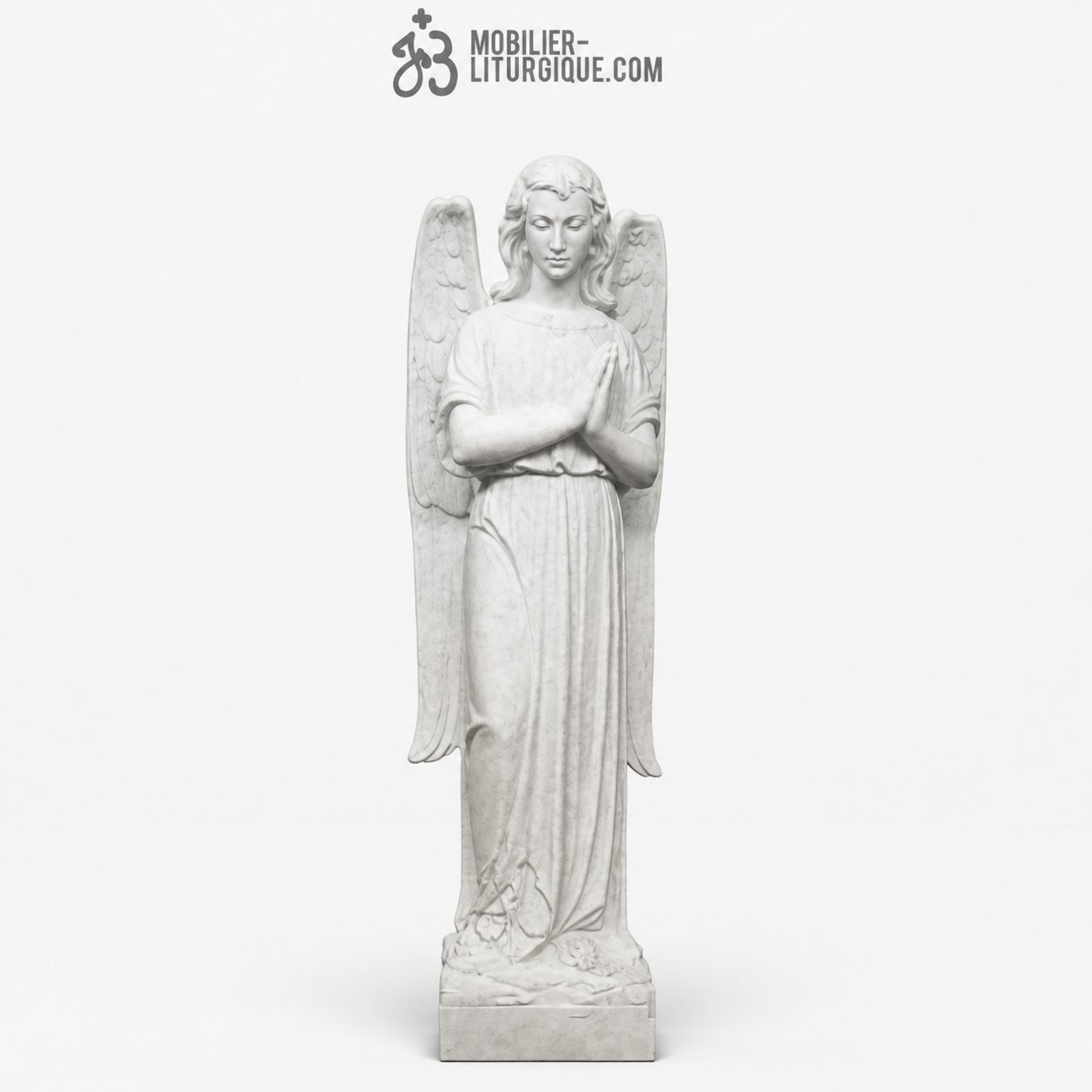Statue Ange en marbre blanc base r&eacute;sine, 90 cm