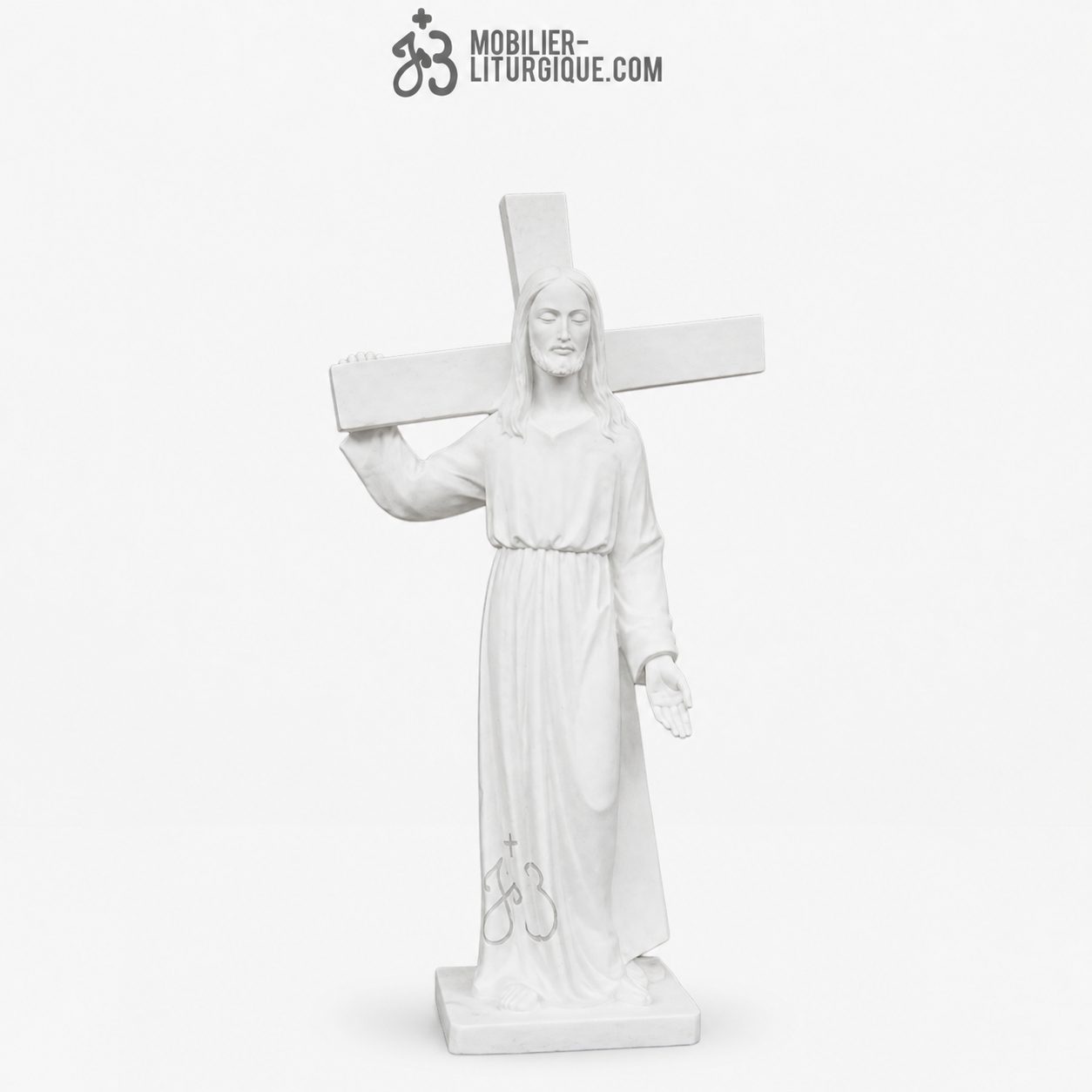 Statue Christ portant sa croix en poudre de marbre reconstitu&eacute; synth&eacute;tique, 90 cm
