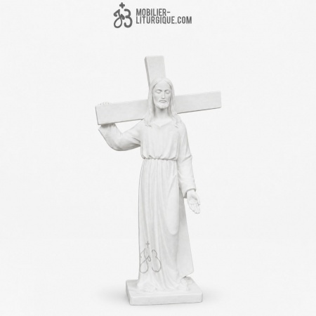 Statue Christ portant sa croix en poudre de marbre reconstitu&eacute; synth&eacute;tique, 90 cm