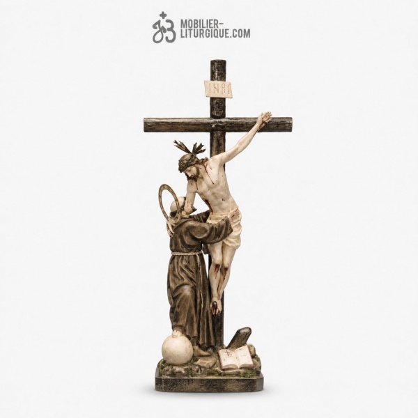Statue Christ sur Croix Polychrome Antique