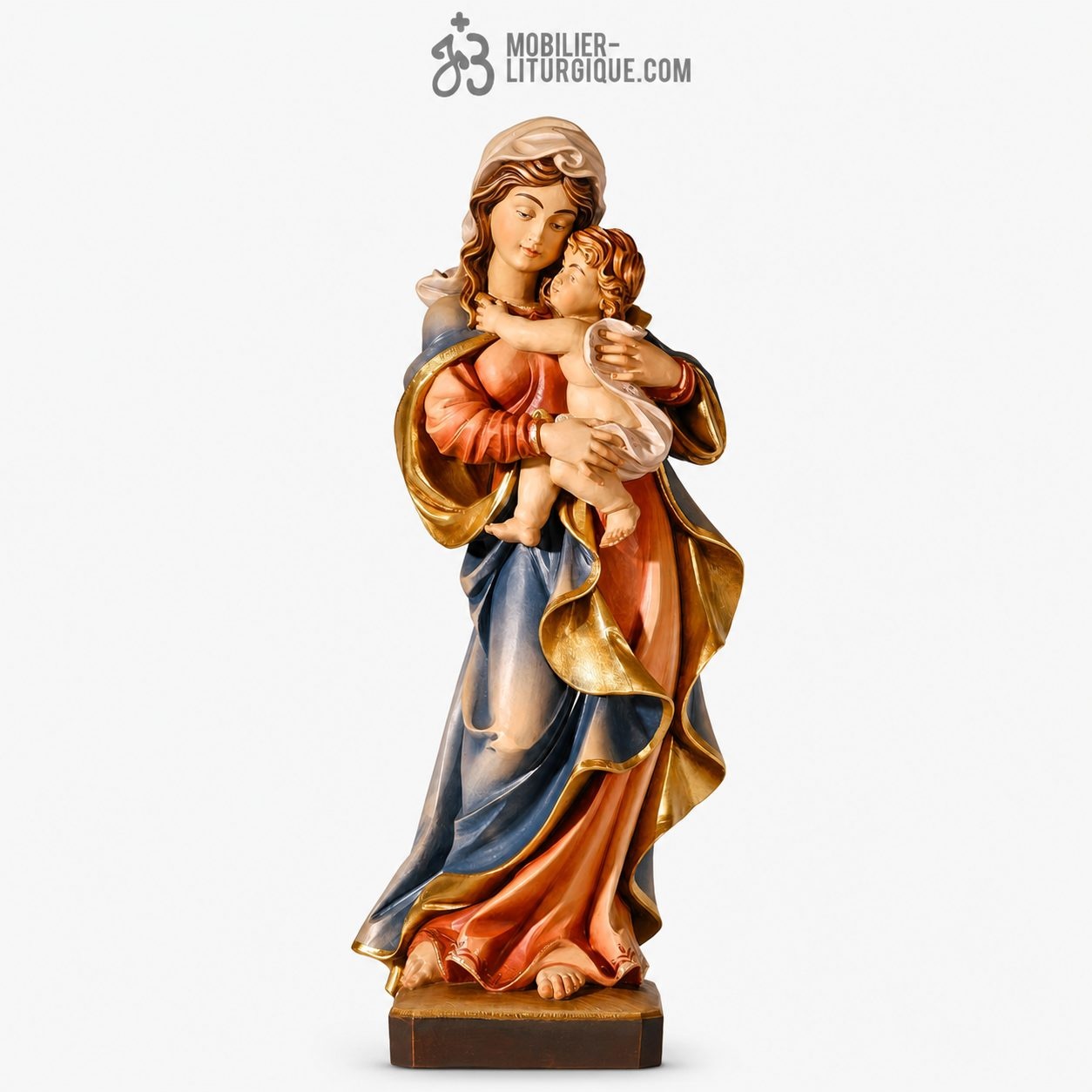 Statue de la Vierge &agrave; l\'Enfant en bois d&eacute;cor&eacute;