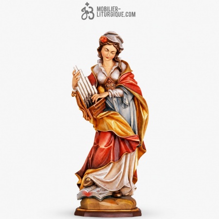 Statue de Sainte C&eacute;cile en bois d&eacute;cor&eacute;