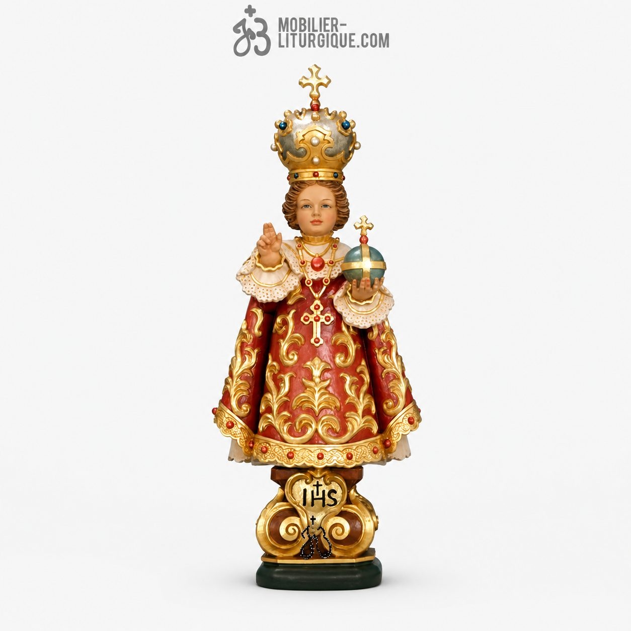 Statue Enfant J&eacute;sus de Prague en bois d&eacute;cor&eacute;