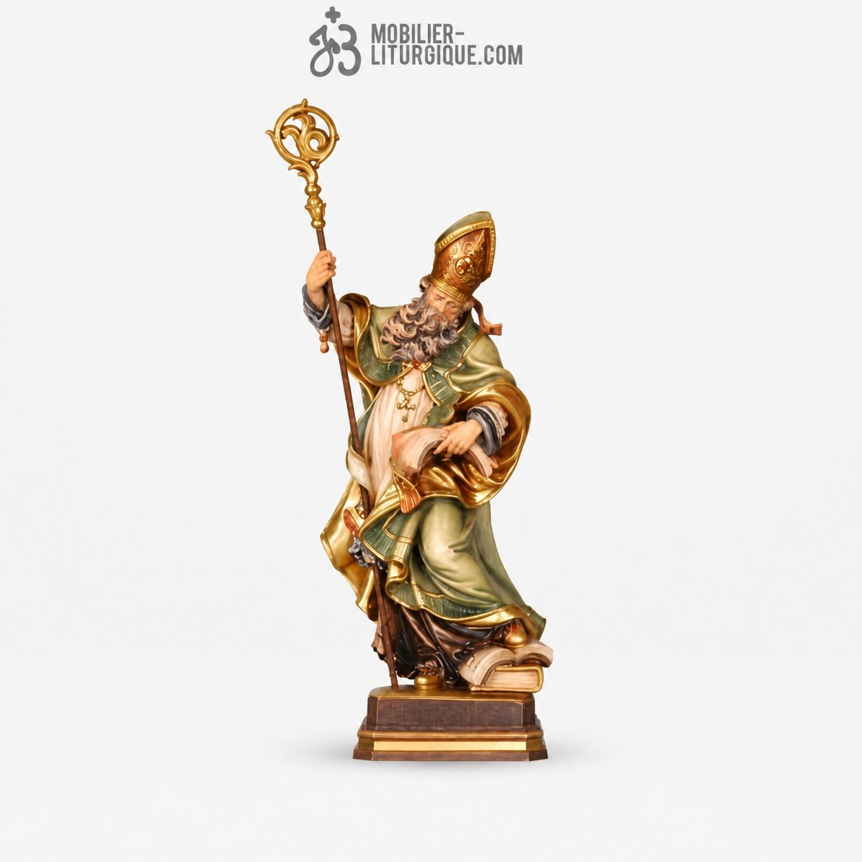 Statue Eveque en bois d&eacute;cor&eacute;