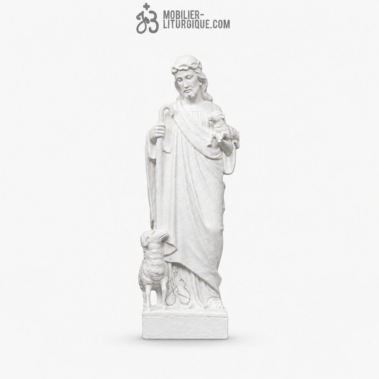 Statue J&eacute;sus Bon Pasteur avec moutons, en marbre reconstitu&eacute; synth&eacute;tique,60-80 cm