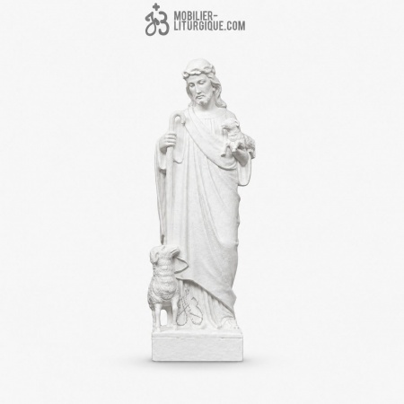 Statue J&eacute;sus Bon Pasteur avec moutons, en marbre reconstitu&eacute; synth&eacute;tique,60-80 cm