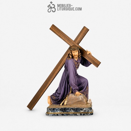 Statue J&eacute;sus portant la croix Polychrome Antique