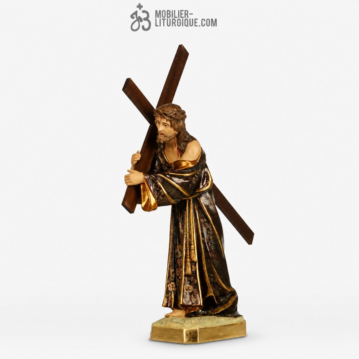 Statue Jesus portant la croix Polychrome Antique