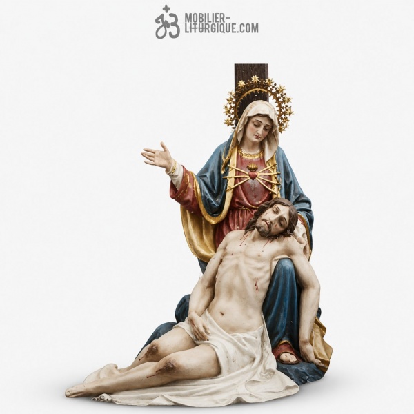 Statue La Pieta Polychrome Antique