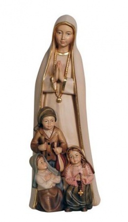 Statue Notre Dame de Fatima avec enfants à ses pieds en bois coloré