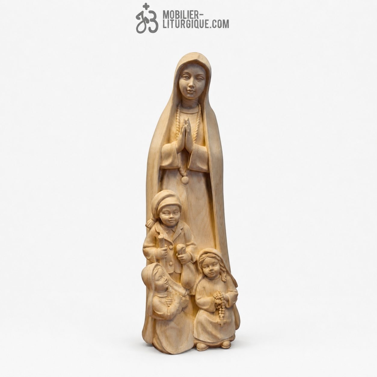 Statue Notre Dame de Fatima avec enfants en bois naturel