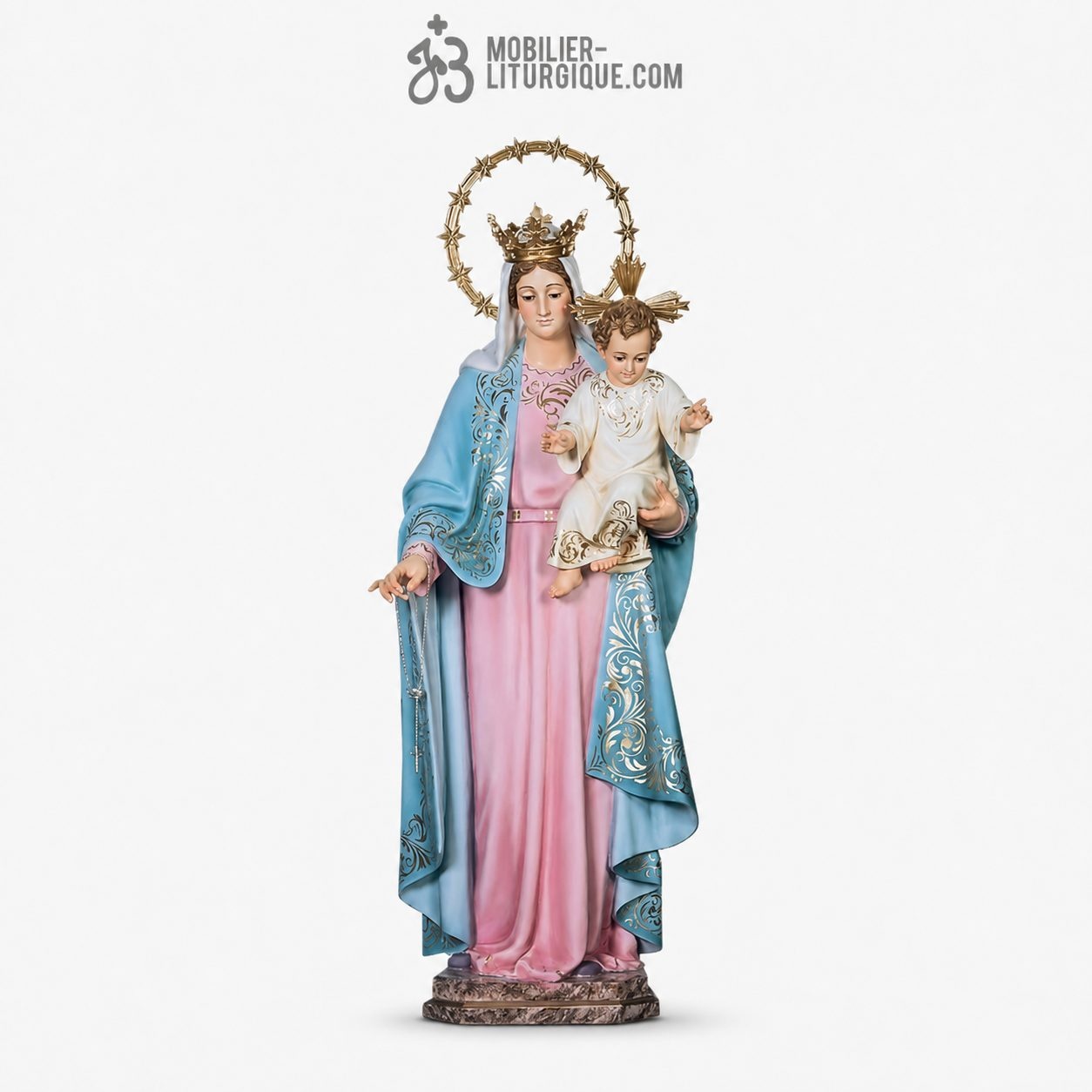 Statue Notre Dame du Rosaire Polychrome Feuille d\'or D&eacute;cors Riche