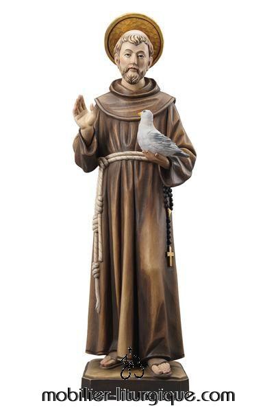 Statue Saint Fran�ois d'Assise aur�ol� portant une colombe en bois d�cor�