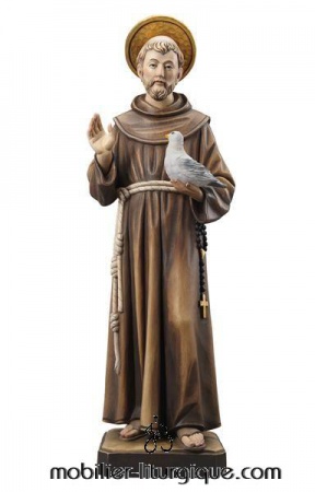 Statue Saint François d'Assise auréolé portant une colombe en bois décoré