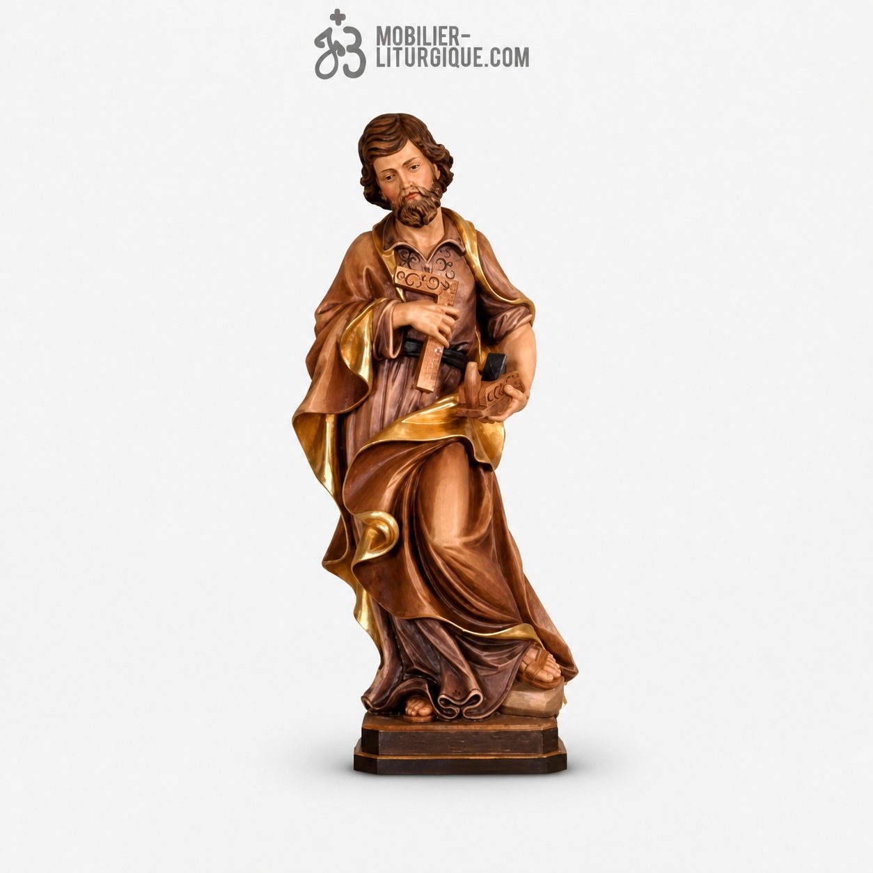 Statue Saint Joseph artisan en bois d&eacute;cor&eacute;