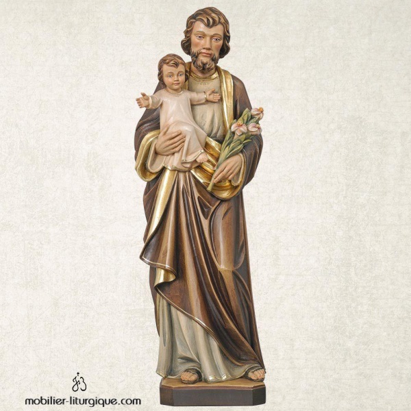 Statue Saint Joseph et l'Enfant J�sus en bois d�cor�