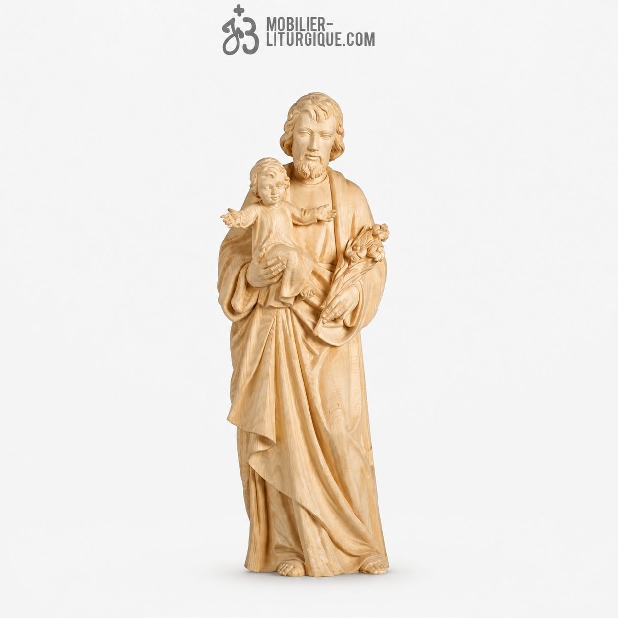 Statue Saint Joseph et l\'Enfant J&eacute;sus en bois naturel