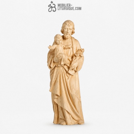 Statue Saint Joseph et l\'Enfant J&eacute;sus en bois naturel