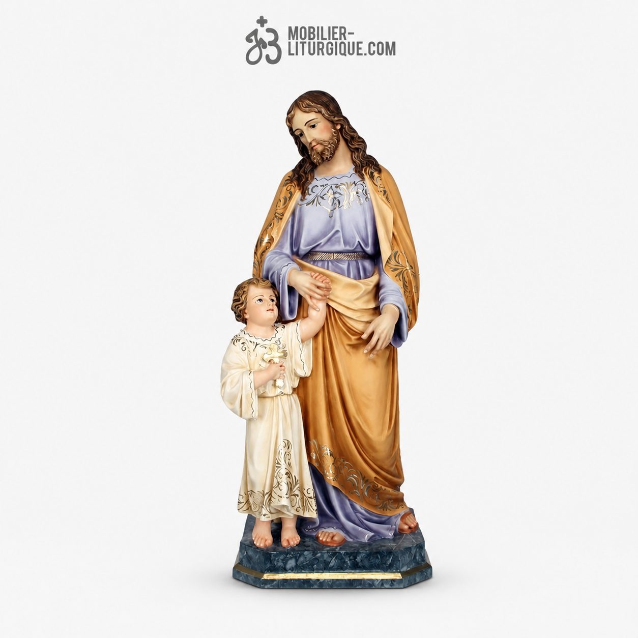 Statue Saint Joseph et l\'enfant Polychrome Antique