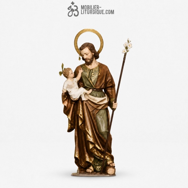 Statue Saint Joseph et l\'enfant Polychrome Antique