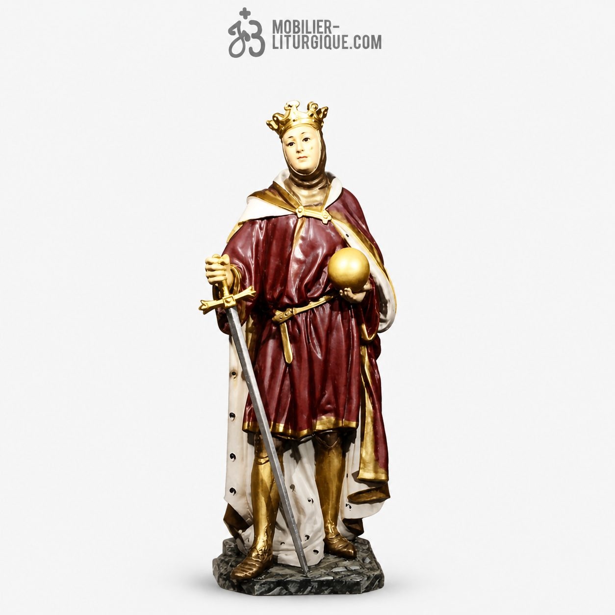 Statue Saint Louis : Roi de France Polychrome Antique