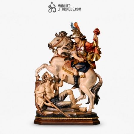 Statue Saint Martin &agrave; cheval en bois color&eacute;