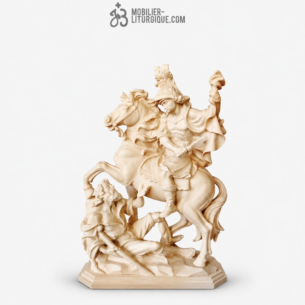 Statue Saint Martin &agrave; cheval en bois naturel
