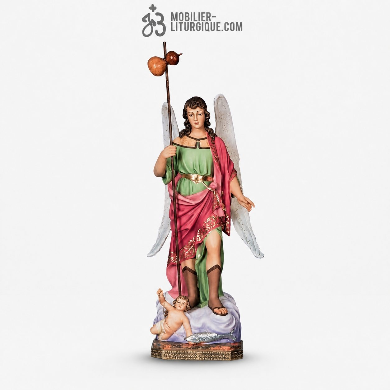 Statue Saint Rapha&euml;l Polychrome Antique