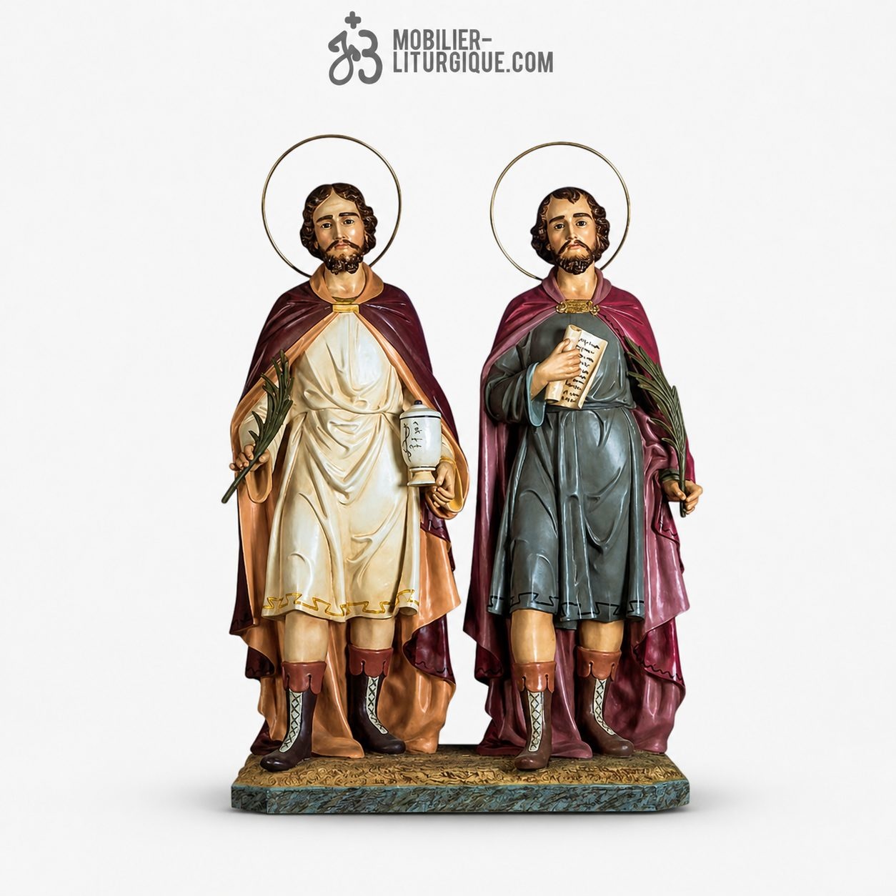 Statue Saints C&ocirc;me et Damien Polychrome Antique