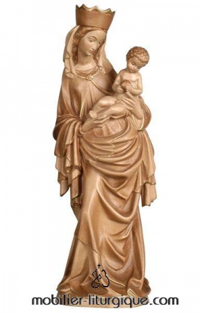 statue de la vierge a l'enfant avec couronne en bois trois tons bruni
