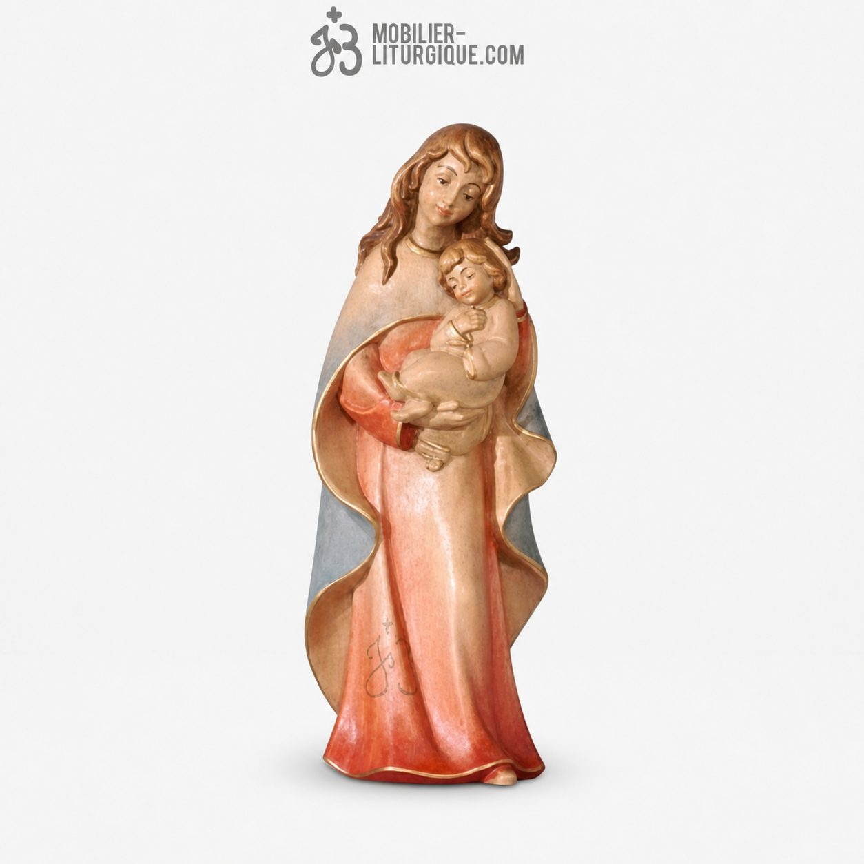 Statue Vierge &agrave; l\'Enfant en bois color&eacute;