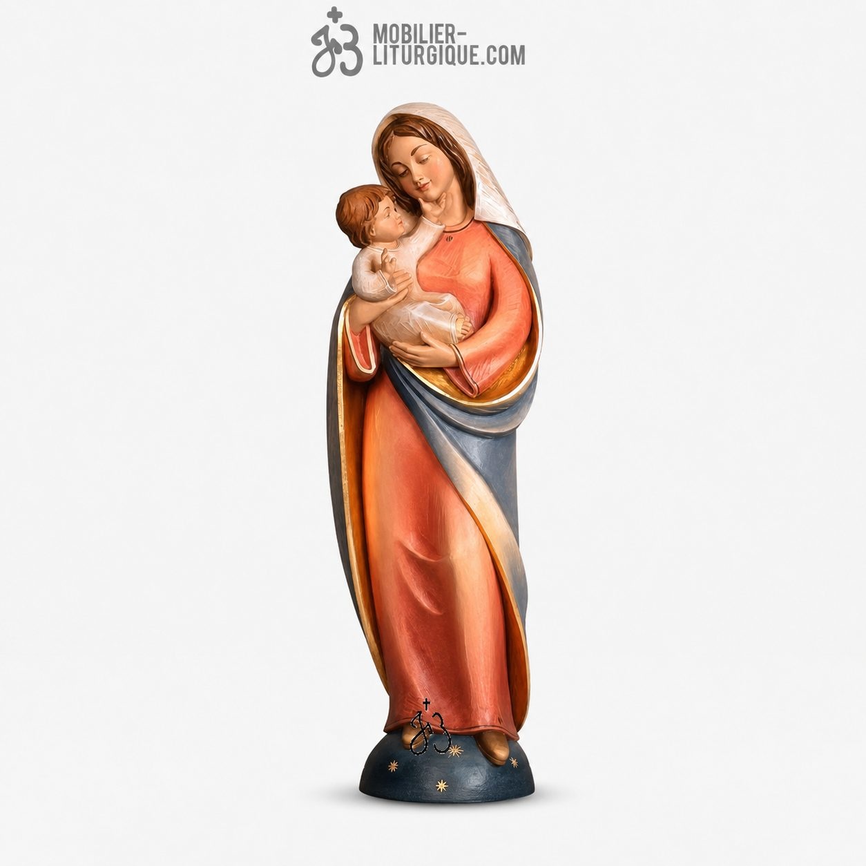 Statue Vierge &agrave; l\'Enfant en bois color&eacute;